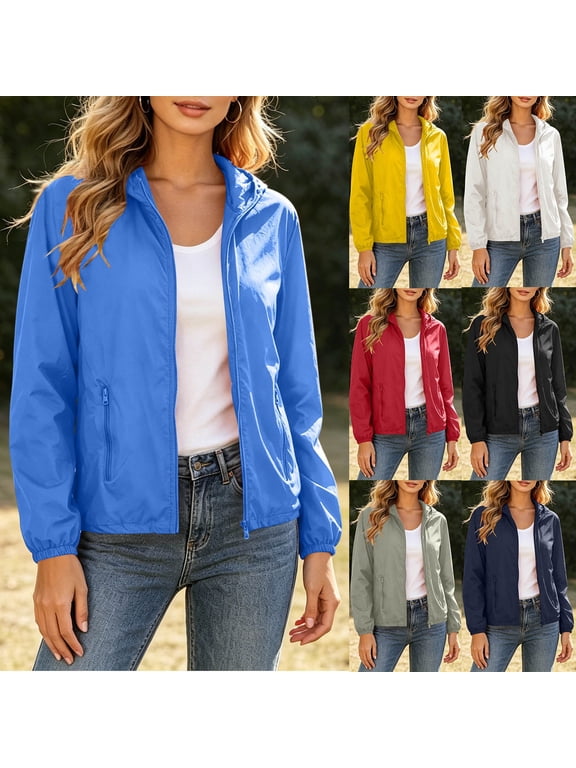 Rain Jacket Women Sun-Protection Lightweight Zip Up Outdoor Hiking Hooded Windbreaker with Pocket