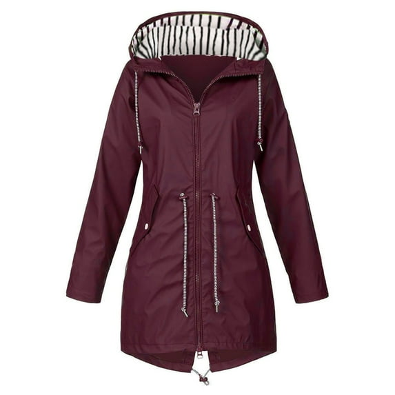 FAIWAD Raincoat Jacket for Women Print Lined Hooded Lightweight Trench Coats Waterproof Windproof Jacket (5X-Large, Wine1)