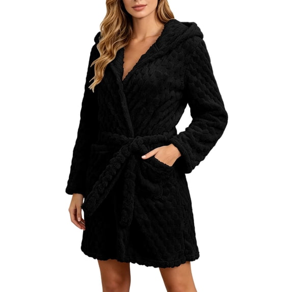 FAIWAD Robes for Women Soft Plush Hooded Short Bathrobe Fluffy Fleece Nightgown with Pockets and Belt Tie