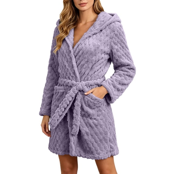 FAIWAD Robes for Women Soft Plush Hooded Short Bathrobe Fluffy Fleece Nightgown with Pockets and Belt Tie