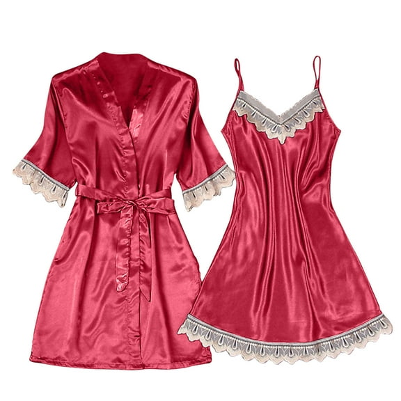 FAIWAD Satin Pajamas Set for Women Sleeveless Camisole Lace Nightdress with Lace-Up Robes Loungewear Wedding Gown