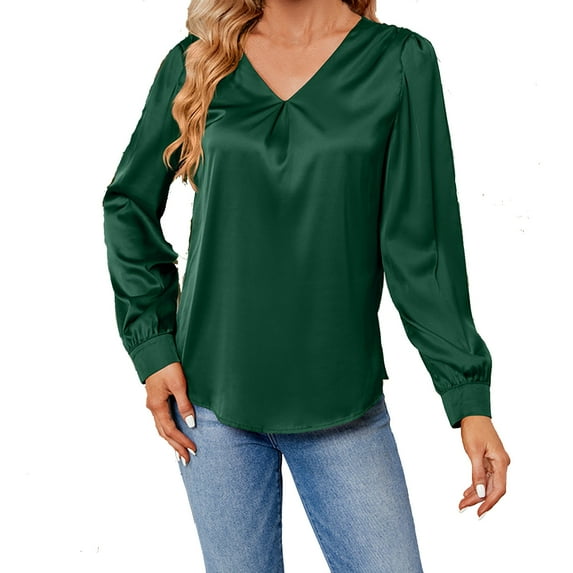 FAIWAD Satin Tops for Women Long Sleeve V Neck Casual Loose Office Work Blouse