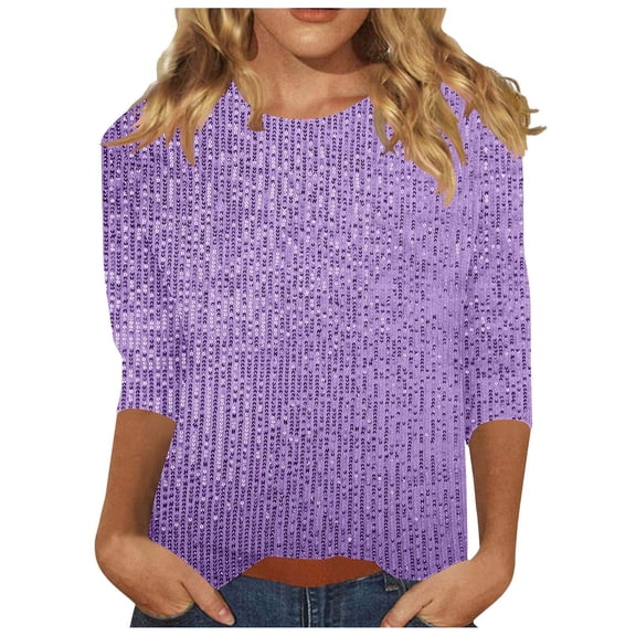 FAIWAD Sequin Tops for Women 3/4 Sleeve Crew Neck Party Shirts Sparkly Glitter Going Out Blouses