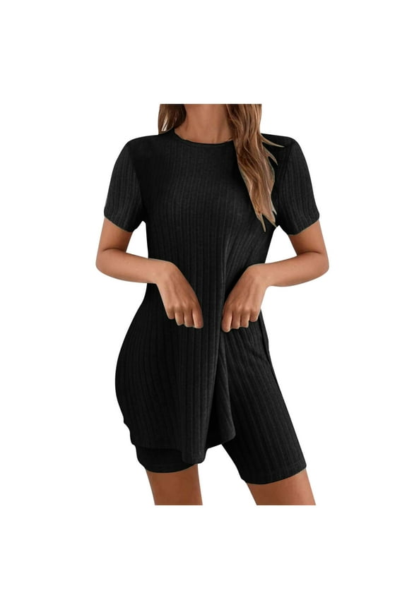 Sets for Women Clothing 2 Piece Ribbed Knit Matching Outfits Short Sleeve T-shirt and Shorts Lounge Tracksuit