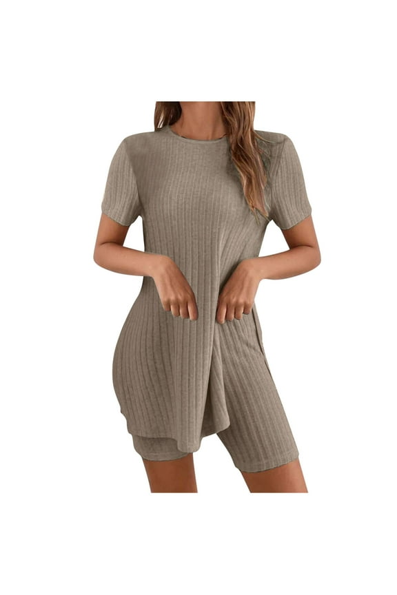 Sets for Women Clothing 2 Piece Ribbed Knit Matching Outfits Short Sleeve T-shirt and Shorts Lounge Tracksuit
