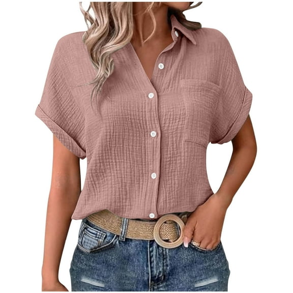 FAIWAD Shirts for Women Short Sleeve Lapel Collar Button Down Shirts Dressy Casual Loose Textured Work Blouses