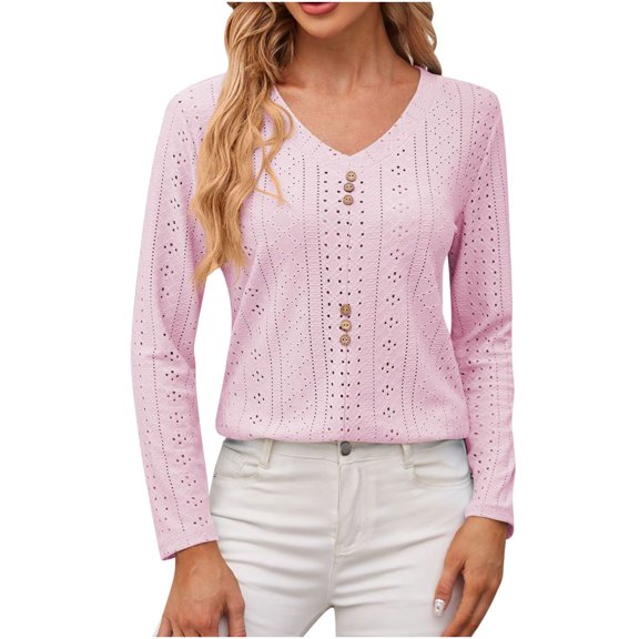 FAIWAD Shirts for Women V Neck Hollow Out Work Tunic Tops Long Sleeve Casual Loose Blouses with Button Decor