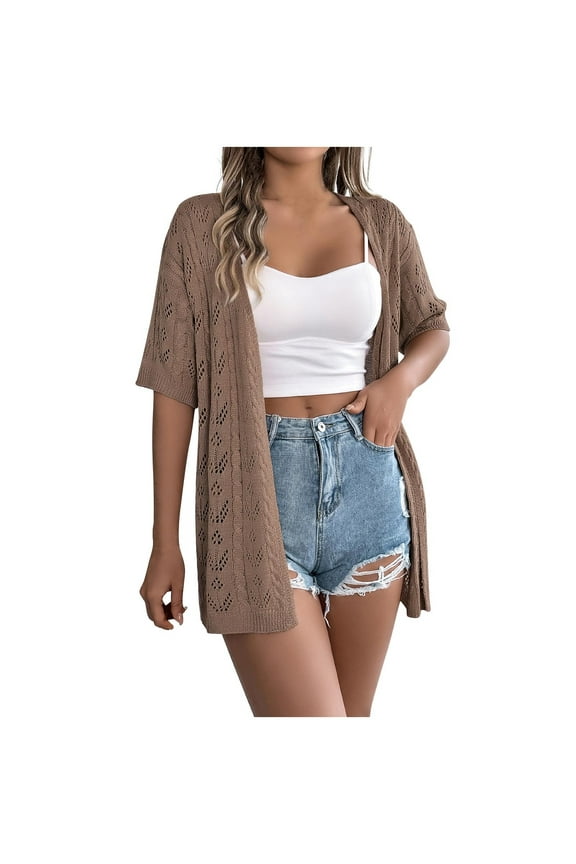 Short Sleeve Cardigan for Women Hollow Out Crochet Solid Color Boho Cardigans Lightweight Open Front Outwear