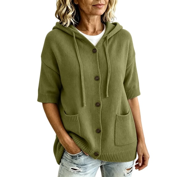 FAIWAD Short Sleeve Cardigans for Women Plus Size Button up Casual Hooded Sweaters with Pockets