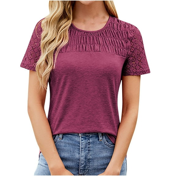 FAIWAD Short Sleeve Shirts for Women Summer Trendy Dressy Tops Smocked Crewneck Business Work Tees