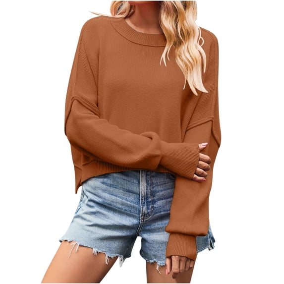 FAIWAD Short Sweater for Women Long Sleeve Round Neck Drop Shoulder Ribbed Knit Pullover Tops