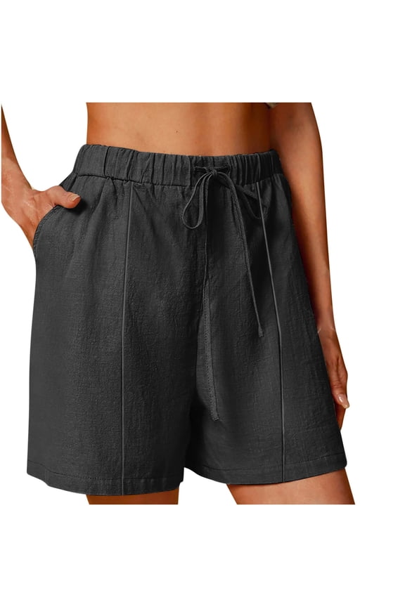 Shorts for Women Drawstring Elastic High Waist Casual Cotton Linen Shorts Summer Plus Size Wide Leg Pants with Pockets