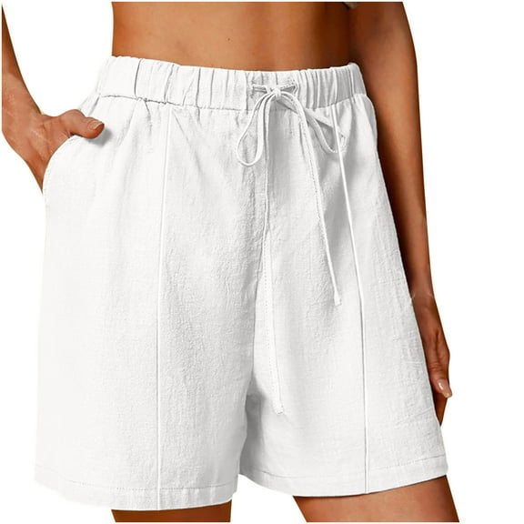 FAIWAD Shorts for Women Drawstring Elastic High Waist Casual Cotton Linen Shorts Summer Plus Size Wide Leg Pants with Pockets