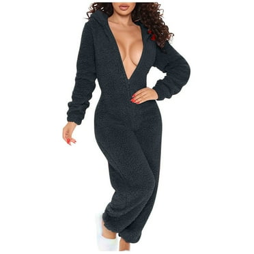 FAIWAD Solid Color 1 Piece Fleece Jumpsuit Pajamas for Women Button-Down Functional Flap V Neck Zip Rompers