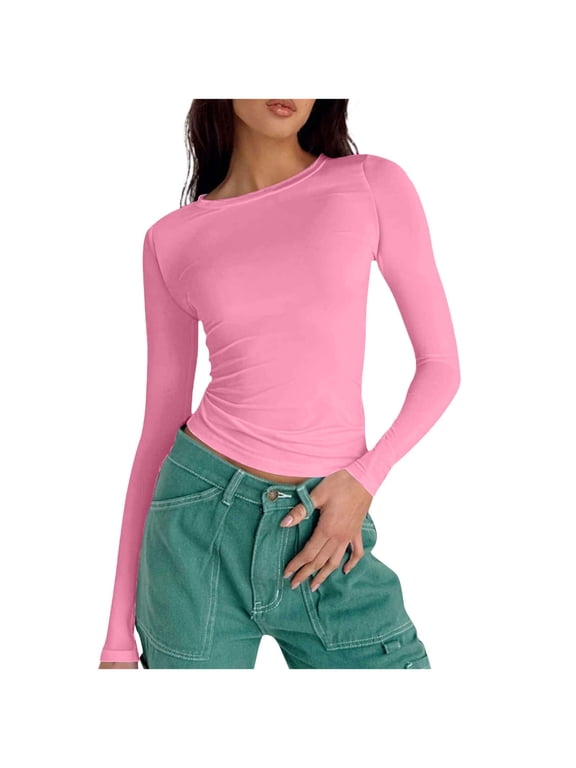 Spring Tops for Women Long Sleeve Workout Crewneck Slim Fitted Tight Tees Casual Going Out Tops for Teen Girls