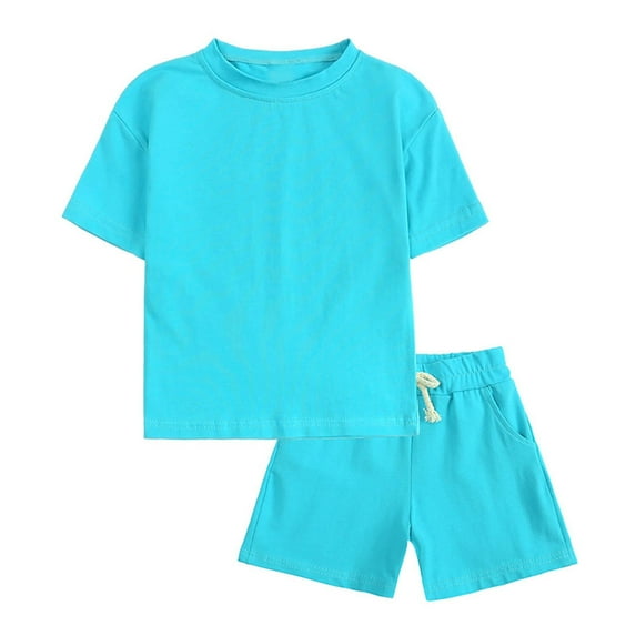 FAIWAD Summer Boys Girls 2 Piece Set Unisex Solid Color Short Sleeve Tops and Elastic Waist Drawstring Shorts