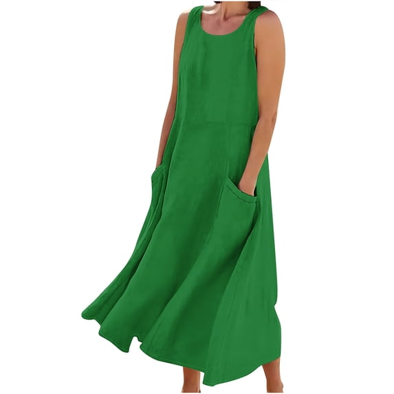 FAIWAD Summer Dresses for Women 2024 Casual Linen Dress Sleeveless Flowy Maxi Sundress Solid Color Beach Tank Dress