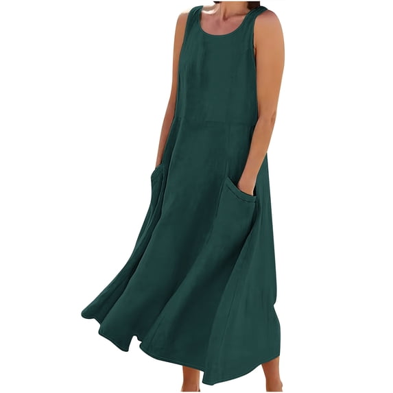 FAIWAD Summer Dresses for Women Casual Linen Dress Sleeveless Flowy Maxi Sundress Solid Color Beach Tank Dress