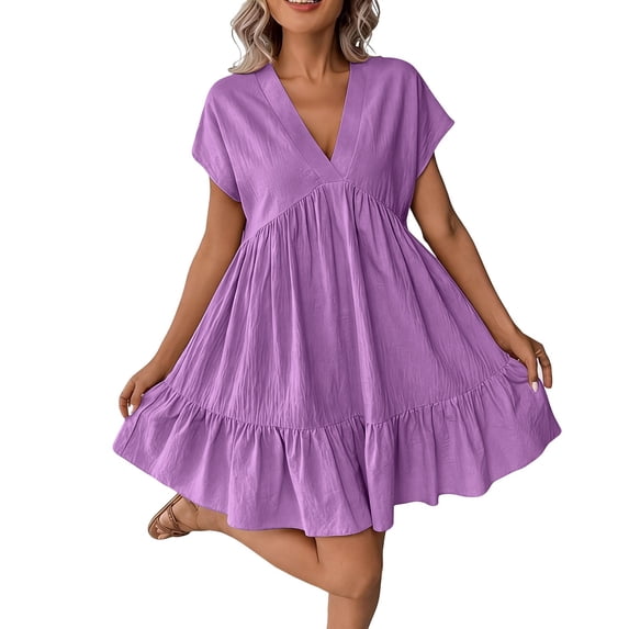 FAIWAD Summer Dresses for Women Short Sleeve V Neck Loose Ruffle Sundress Casual Flowy Mini Dress