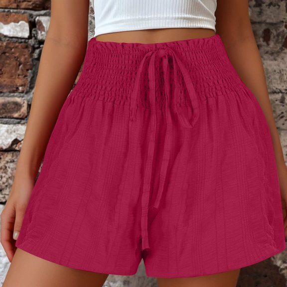 FAIWAD Summer Solid Color Shorts for Women High Waist Tie Front Wide Leg Shorts Casual Smocked Shorts with Pockets