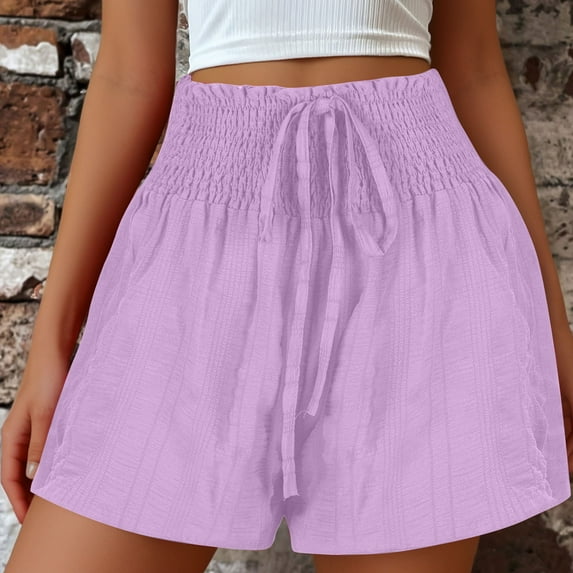 FAIWAD Summer Solid Color Shorts for Women High Waist Tie Front Wide Leg Shorts Casual Smocked Shorts with Pockets