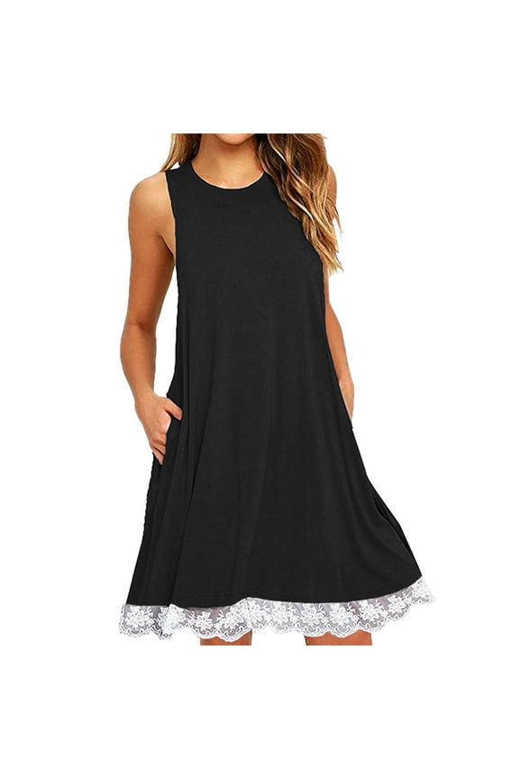 Summer T-Shirt Dresses for Women Trendy Lace Patchwork Mini Dress Casual Boho Tank Sundress with Pockets