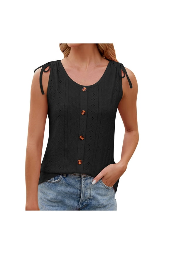 Summer Tank Tops for Women Sleeveless Drawstring Shoulder Tops Casual Button Front Camisoles Blouses