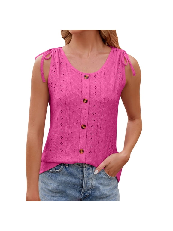 Summer Tank Tops for Women Sleeveless Drawstring Shoulder Tops Casual Button Front Camisoles Blouses