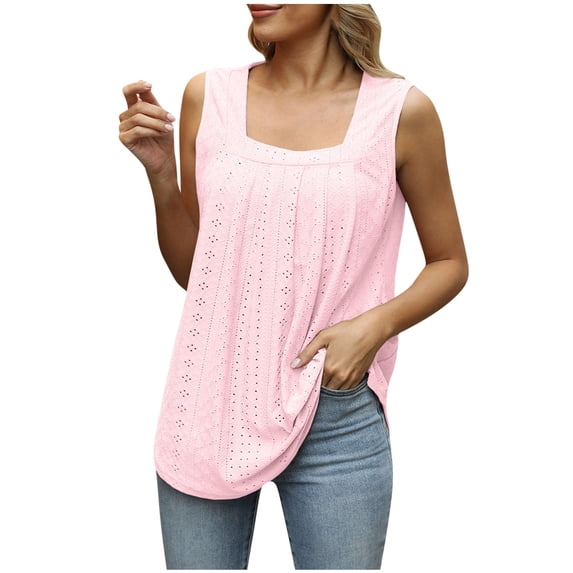 FAIWAD Summer Tank Tops for Women Sleeveless Mesh Squre Neck Pleated Front Vest Summer Casual Loose Tee Shirts