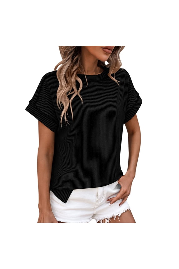 Summer Tops for Women Casual Comfy Ribbed Knit Short Sleeve Shirts Trendy Plus Size Side Split Tunic Blouse