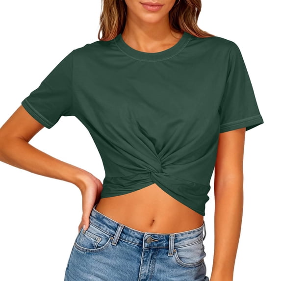 FAIWAD Summer Tops for Women Casual Short Sleeve Crew Neck Twist Front Crop Tops Workout Gym Casual Tees
