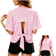 thumbnail image 1 of FAIWAD Summer Tops for Women Striped Tie Back Short Sleeve Crew Neck T Shirts Casual Going Out Blouses, 1 of 9