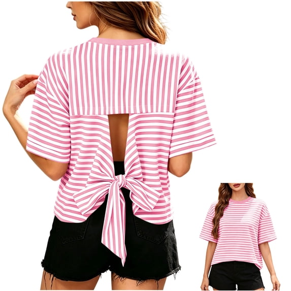 FAIWAD Summer Tops for Women Striped Tie Back Short Sleeve Crew Neck T Shirts Casual Going Out Blouses