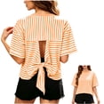 thumbnail image 1 of FAIWAD Summer Tops for Women Striped Tie Back Short Sleeve Crew Neck T Shirts Casual Going Out Blouses, 1 of 9