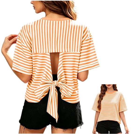 FAIWAD Summer Tops for Women Striped Tie Back Short Sleeve Crew Neck T Shirts Casual Going Out Blouses