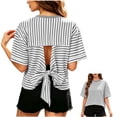 thumbnail image 1 of FAIWAD Summer Tops for Women Striped Tie Back Short Sleeve Crew Neck T Shirts Casual Going Out Blouses, 1 of 9