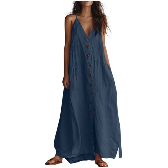 FAIWAD Sundresses for Women Button Down V Neck Loose Flowy Linen Dress with Pockets Casual Sleeveless Tank Maxi Dress