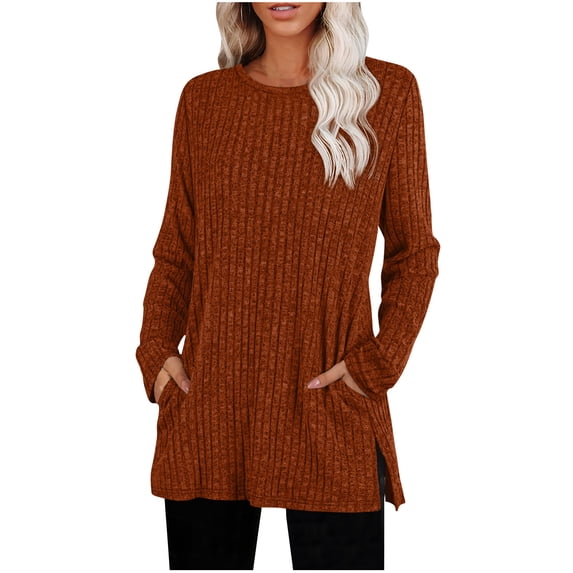 FAIWAD Sweater for Women Dressy Casual Long Sleeve Side Slit Tunic Tops with Pockets Fall Winter Outfits