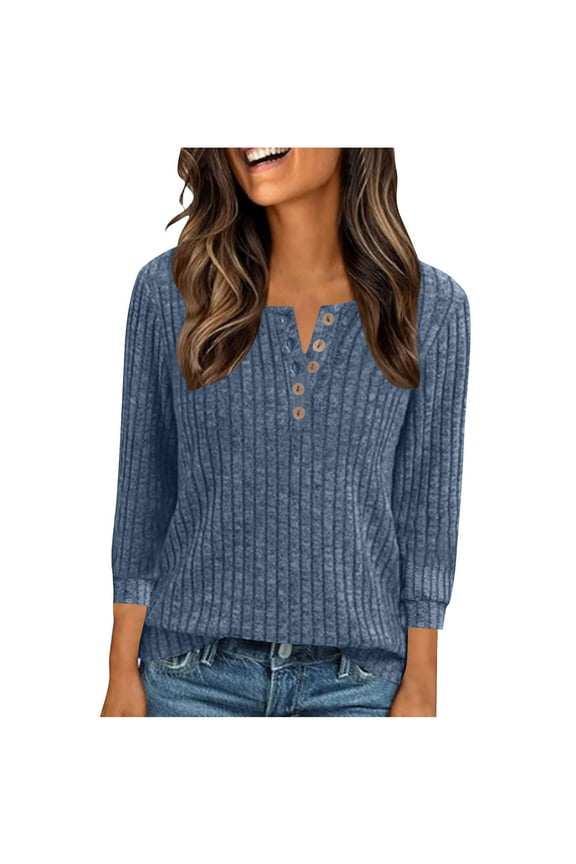 Sweater for Women Ribbed Knit 3/4 Sleeve V Neck Button Down Dressy Tops Loose Casual Business Clothes