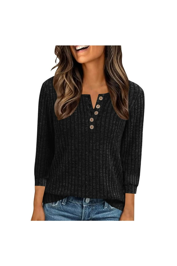 Sweater for Women Ribbed Knit 3/4 Sleeve V Neck Button Down Dressy Tops Loose Casual Business Clothes