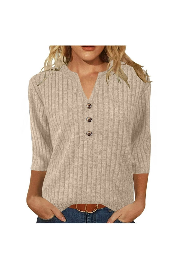 Sweaters for Women 3/4 Sleeve Button V Neck Ribbed Knit Shirts Trendy Loose Going Out Tops