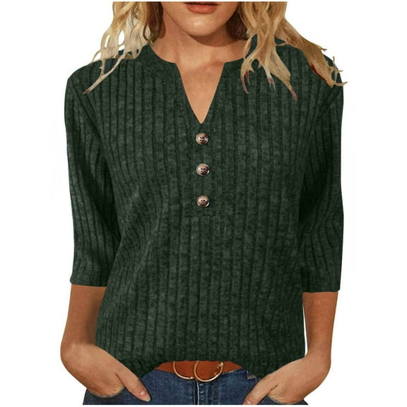 FAIWAD Sweaters for Women 3/4 Sleeve Button V Neck Ribbed Knit Shirts Trendy Loose Going Out Tops
