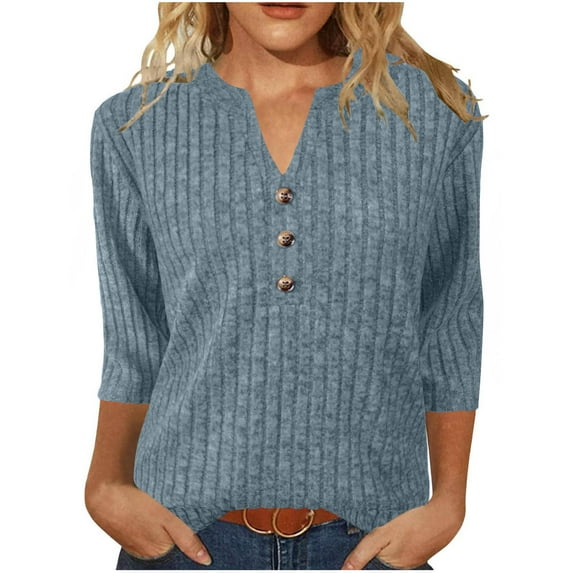 FAIWAD Sweaters for Women 3/4 Sleeve Button V Neck Ribbed Knit Shirts Trendy Loose Going Out Tops