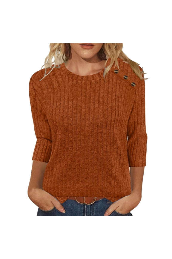 Sweaters for Women 3/4 Sleeve Crew Neck Button Pullover Loose Casual Lightweight Blouses