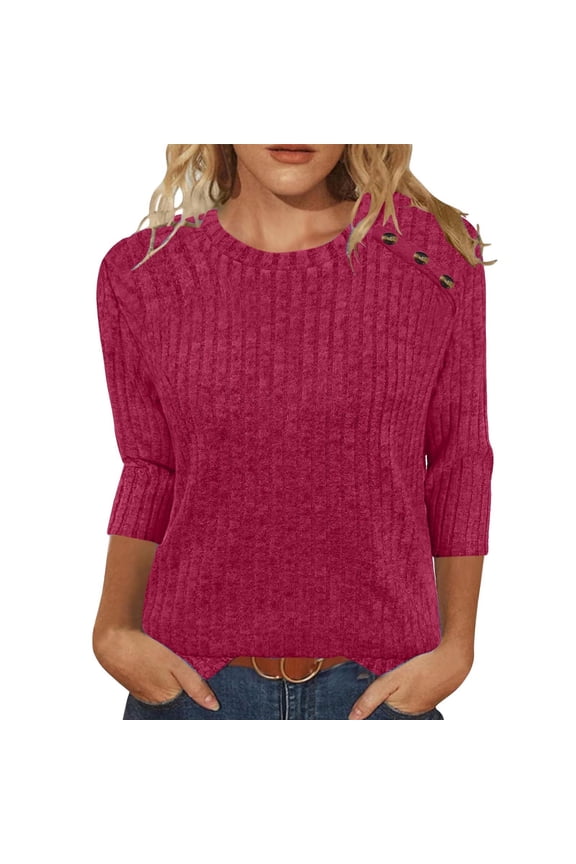 Sweaters for Women 3/4 Sleeve Crew Neck Button Pullover Loose Casual Lightweight Blouses