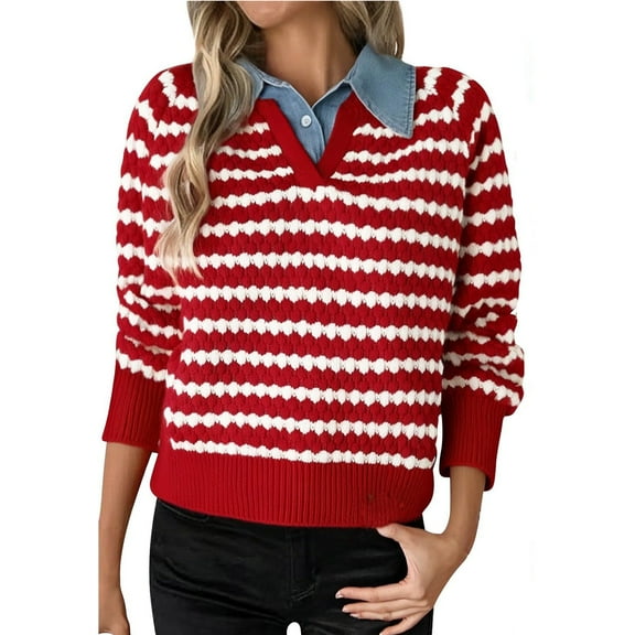 FAIWAD Sweaters for Women Crewneck Striped 2 in 1 Knitted Pullover Button Lapel Collar Classic Trendy Sweater