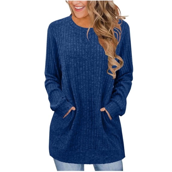FAIWAD Sweaters for Women Long Sleeve Crewneck Tunic Tops with Pockets Dressy Casual Blouse