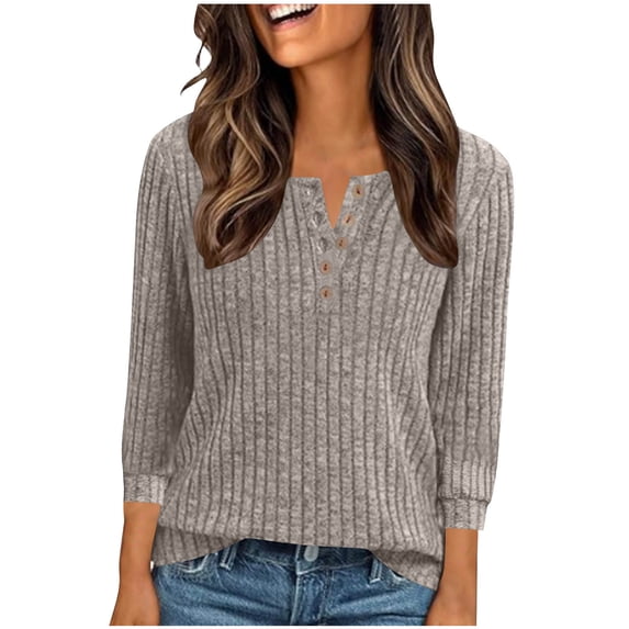 FAIWAD Sweaters for Women Notch V Neck 3/4 Sleeve Knit Pullover Tops Trendy Work Button Up Blouses
