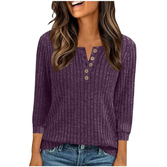 FAIWAD Sweaters for Women Notch V Neck 3/4 Sleeve Knit Pullover Tops Trendy Work Button Up Blouses