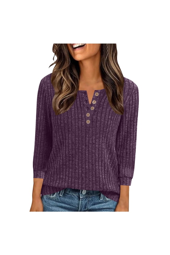 Sweaters for Women Notch V Neck 3/4 Sleeve Knit Pullover Tops Trendy Work Button Up Blouses